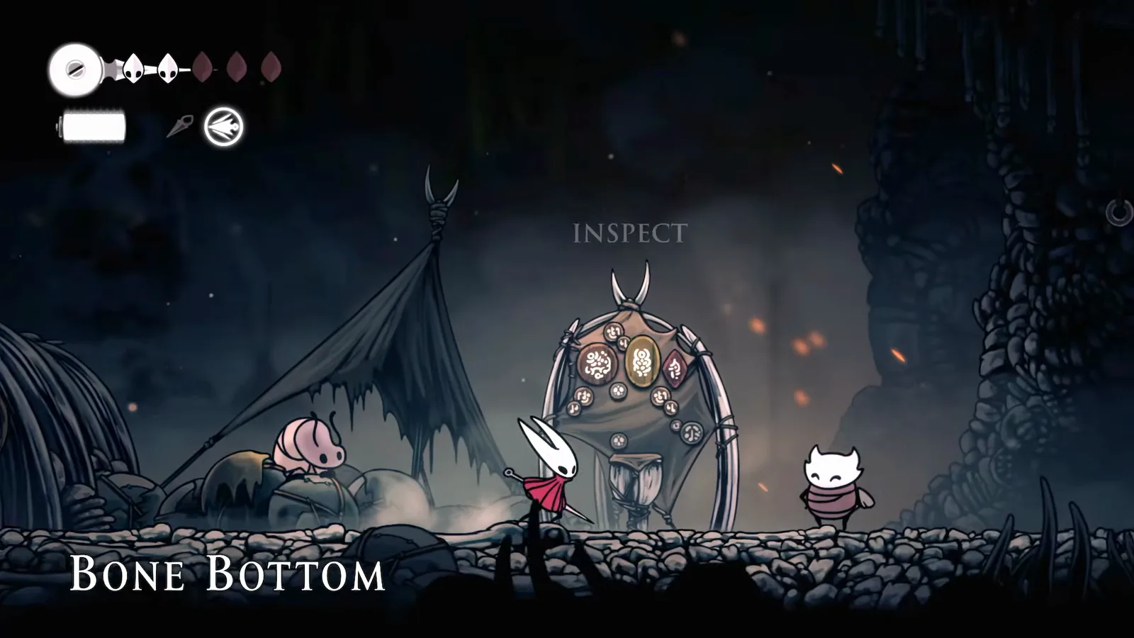 Bone Bottom area title card in Hollow Knight: Silksong showing Hornet arriving at the starting village where Shakra’s calling ring is found