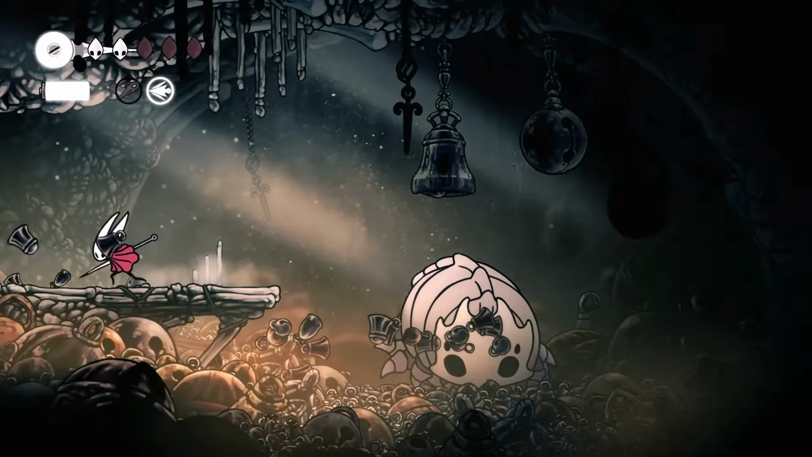 Bone Bottom village interior with hanging bells and a Bellway emblem pillar in Hollow Knight: Silksong, on the way to the far-right ledge where Shakra appears