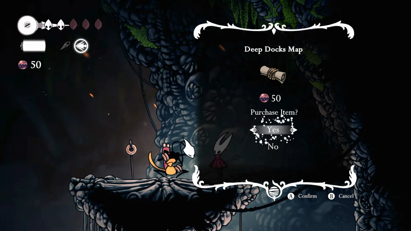 Shakra’s shop menu offering the Deep Docks map for 50 Rosaries with a Purchase confirmation prompt in Hollow Knight: Silksong