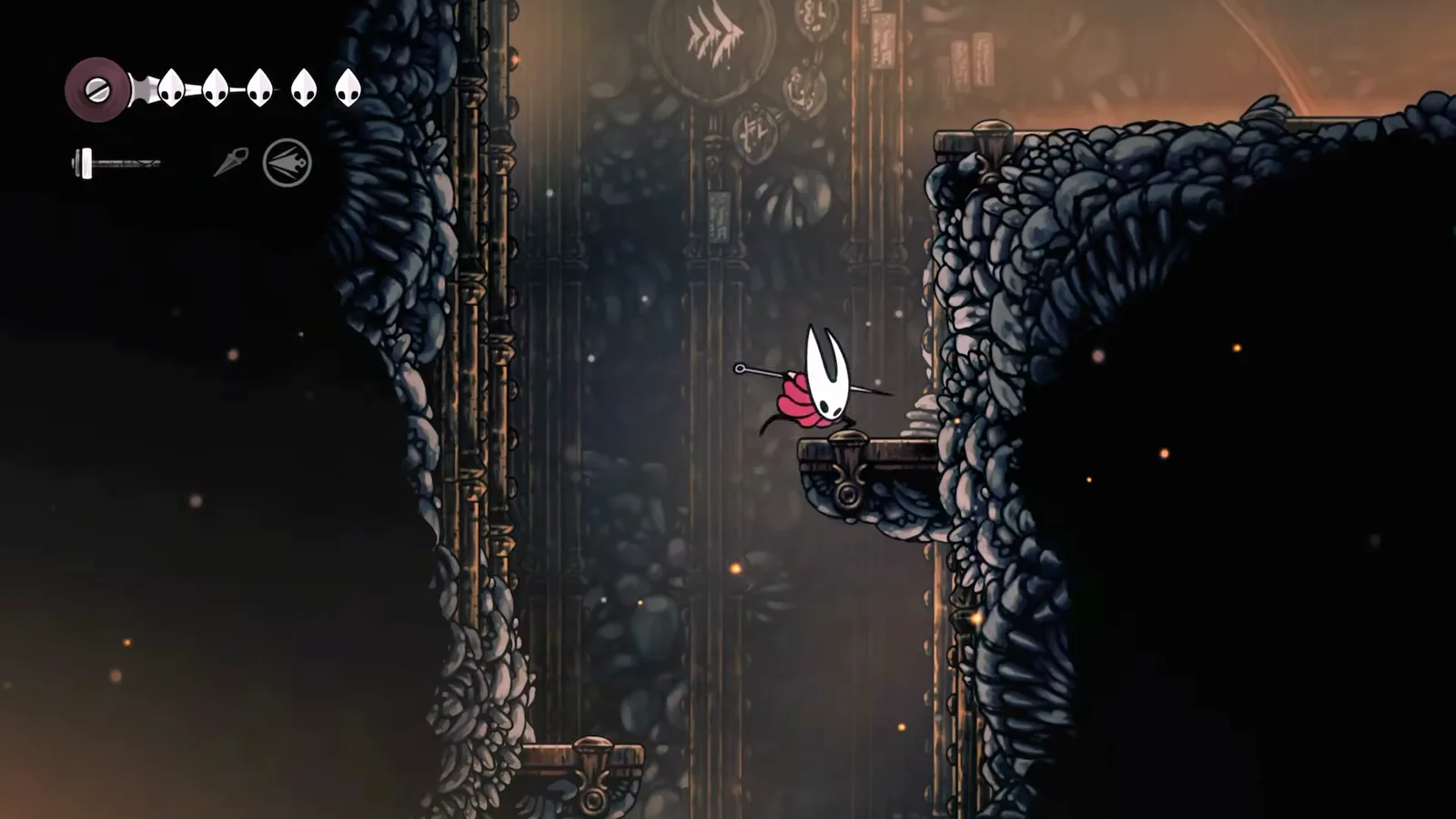 Hornet climbing back through the Deep Docks past a Bellway station after buying the missing map in Hollow Knight: Silksong
