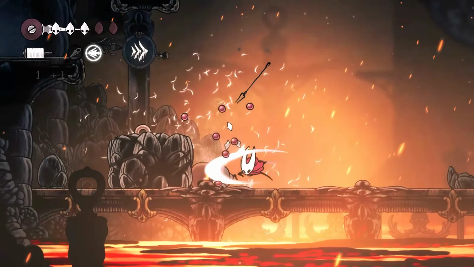 Hornet farming Rosaries from a bug burst on a Deep Docks lava bridge in Hollow Knight: Silksong, the currency you need before buying any map from Shakra