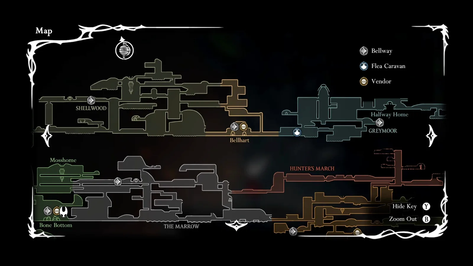 The Vendor icon on the Silksong map marking Shakra’s shop in Bellhart, with the Bellway and Flea Caravan legend on the right