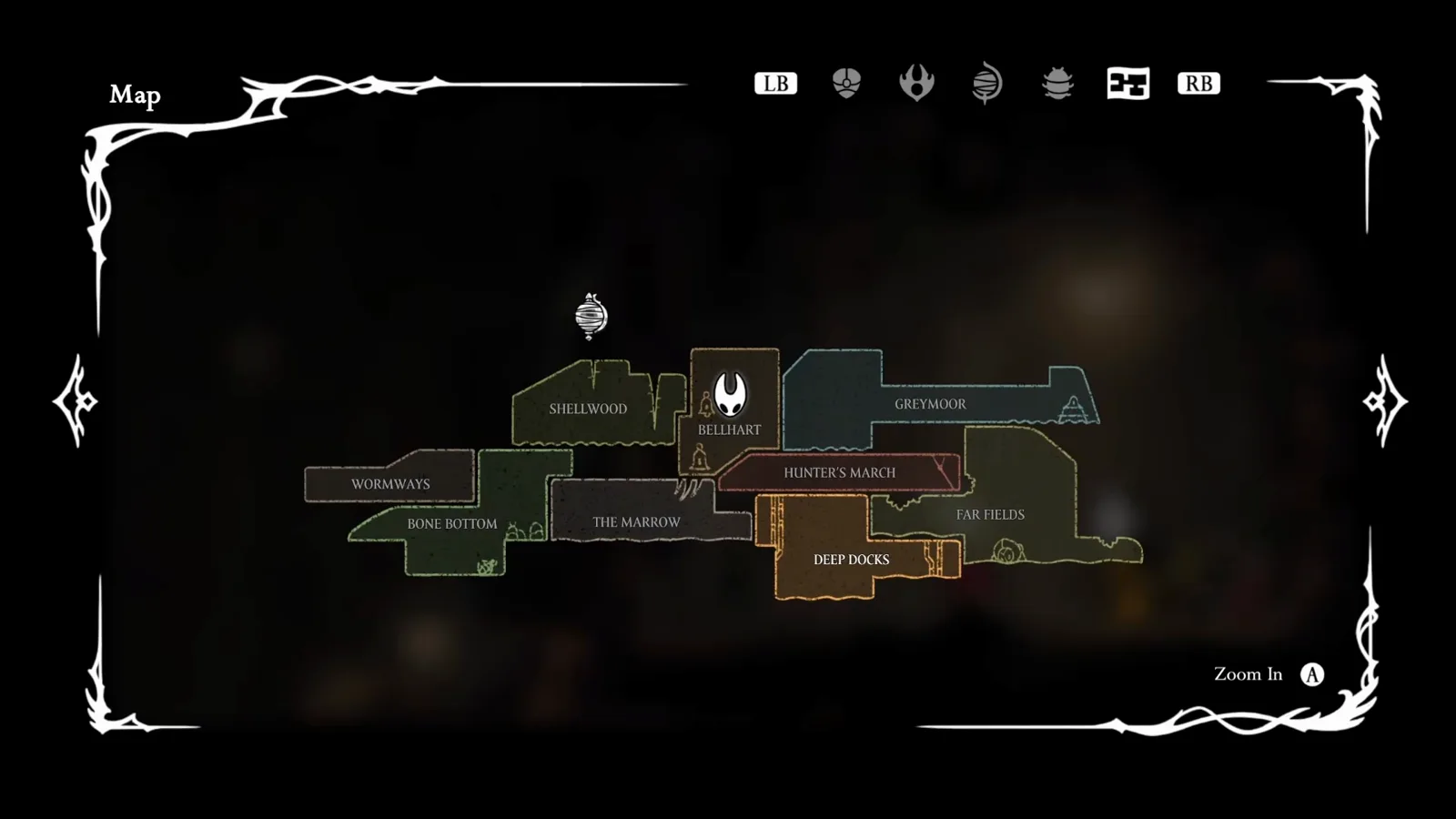 Silksong map overview showing vendor icons in Bellhart and the Deep Docks alongside Far Fields and Pilgrim’s Rest region labels