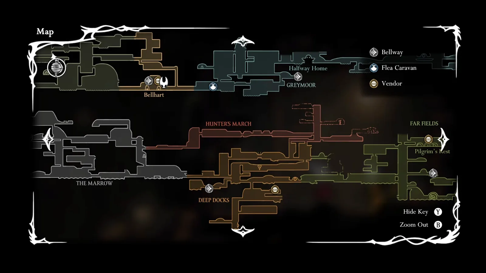 Zoomed-out region view of the Silksong map highlighting Bellhart between Shellwood, Greymoor and The Marrow