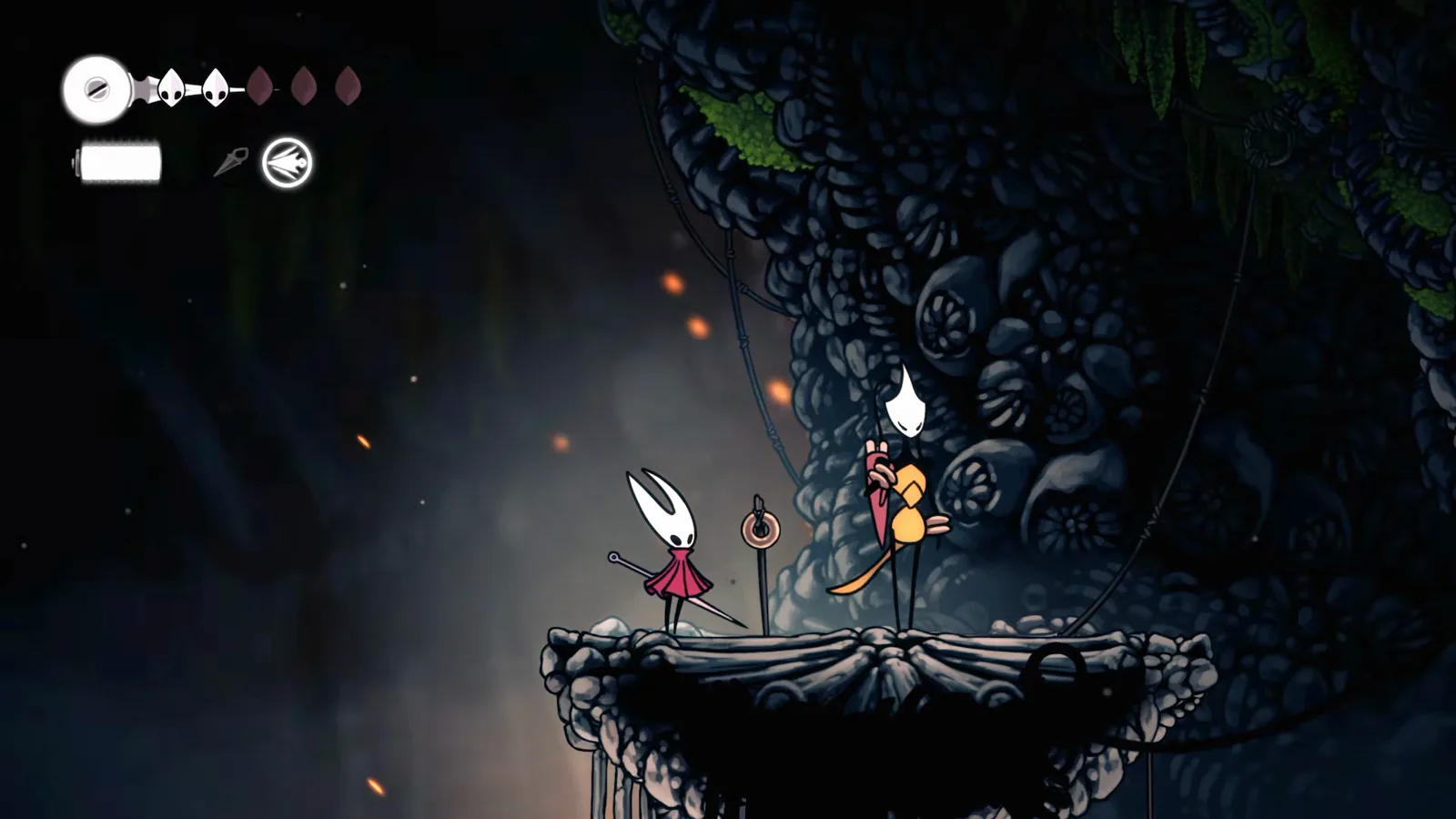 Shakra the map vendor appearing beside Hornet on the Bone Bottom ledge after her calling ring is struck twice in Hollow Knight: Silksong