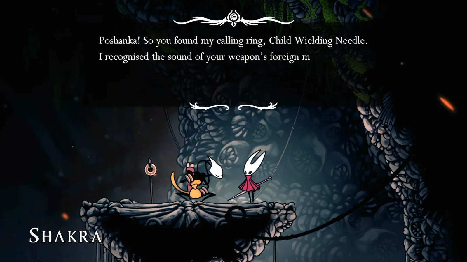 Shakra’s dialogue box reading “So you found my calling ring” after the Bone Bottom summon in Hollow Knight: Silksong
