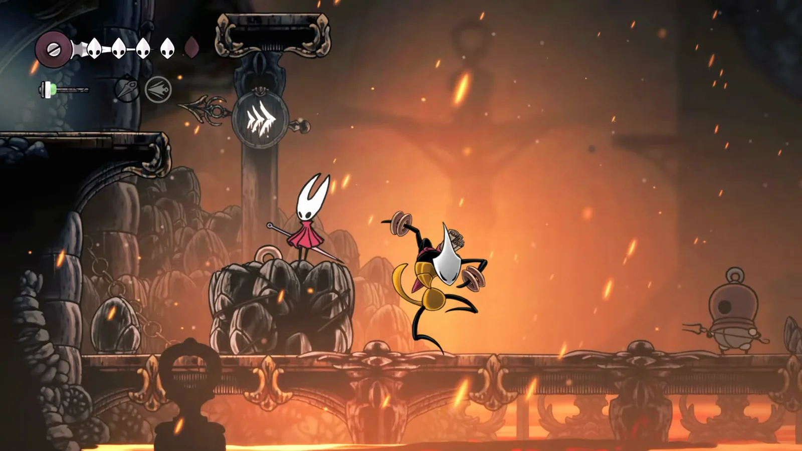 Shakra standing at her map vendor tent in the Deep Docks early in Hollow Knight: Silksong, before she moves on as the story progresses